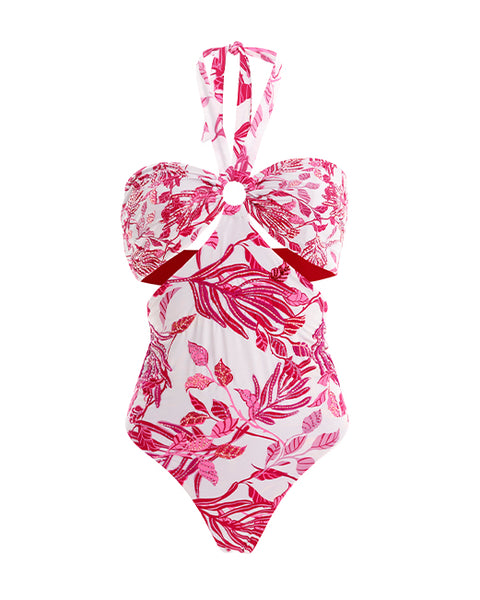 white and fucsia Bandeau One Piece that features a bandeau top with cutout. Hand beading accentuates the print.