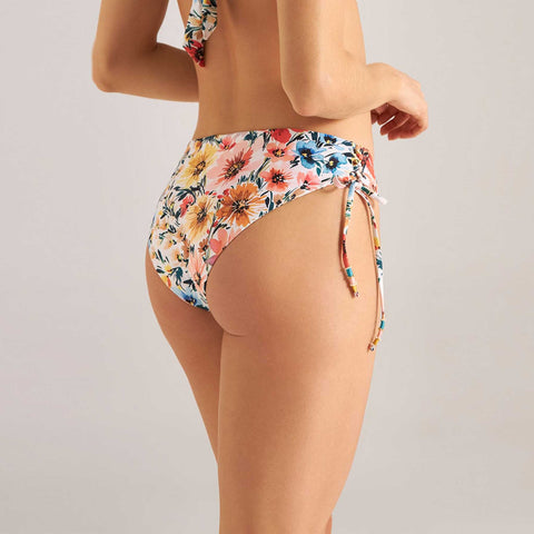 Tie side bottom with floral print and adjustable strings for perfect fit.