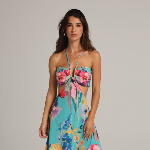 ARTISANAL FLOWERS HALTER LONG DRESS