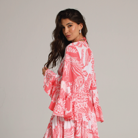 GLAMOROUS LEAVES LONG SLEEVE SHORT KIMONO