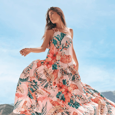 EXOTIC LEAVES ONE SHOULDER MAXI DRESS