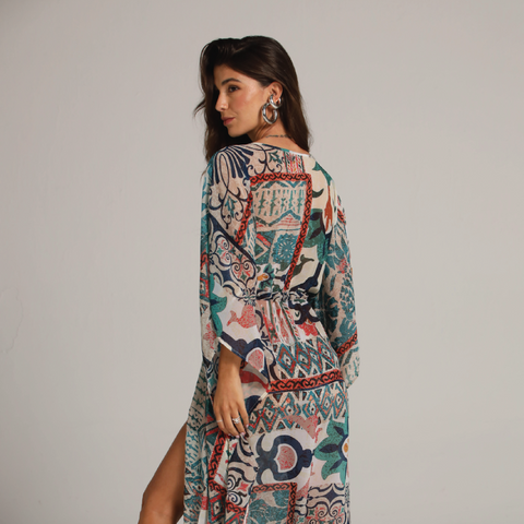 NOSTALGIC PATCHWORK LONG SLEEVE KIMONO ROBE