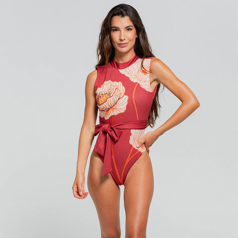 MAJESTIC POPPY HIGH NECK HALTER ONE PIECE LATIN FIT