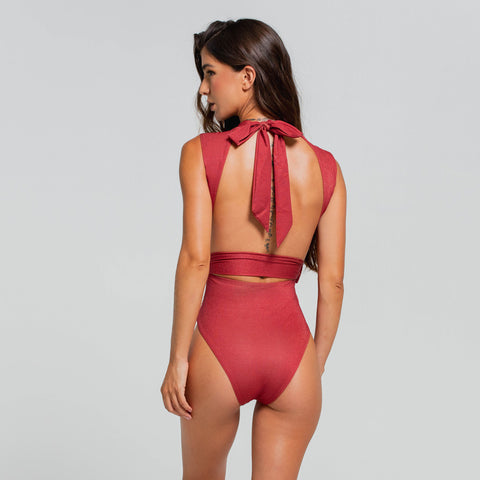 MAJESTIC POPPY HIGH NECK HALTER ONE PIECE LATIN FIT