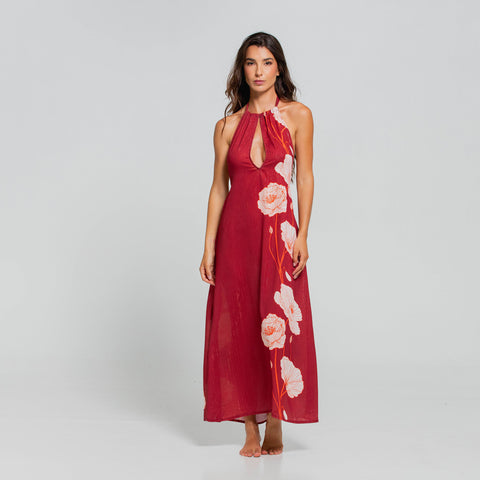 MAJESTIC POPPY HALTER CUT OUT LONG DRESS