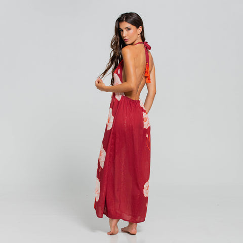 MAJESTIC POPPY HALTER CUT OUT LONG DRESS