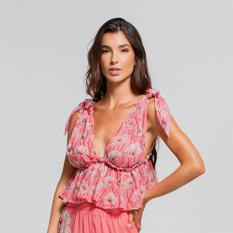 POPPY WHISPER OTS TIE CROP TOP