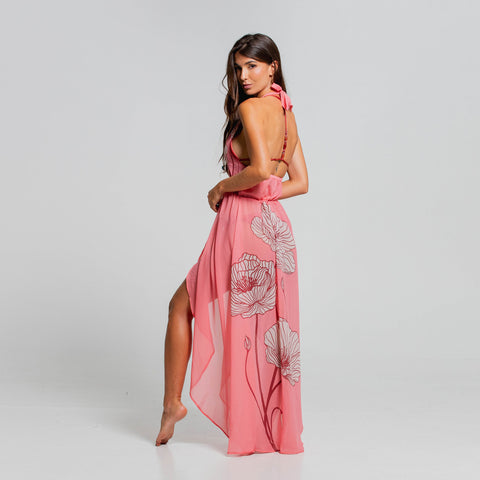 POPPY WHISPER HALTER TIE FRONT MIDI DRESS