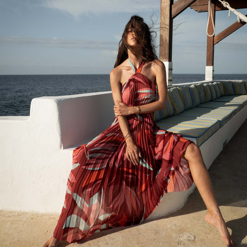 RAINFOREST RADIANCE HALTER PLEATED LONG DRESS