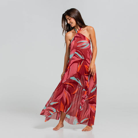 RAINFOREST RADIANCE HALTER PLEATED LONG DRESS