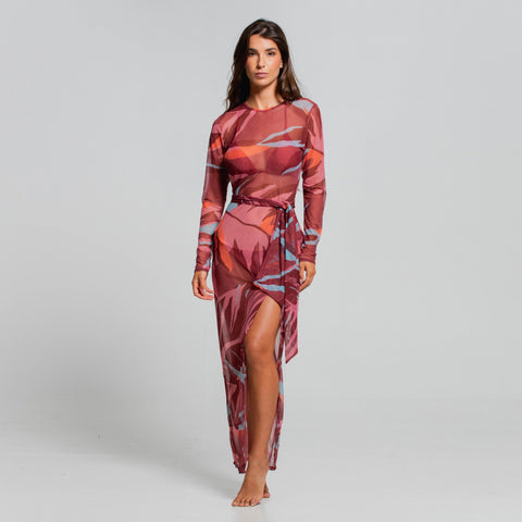 RAINFOREST RADIANCE LONG SLEEVE DRESS WITH SLIT & BELT