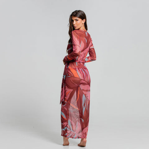 RAINFOREST RADIANCE LONG SLEEVE DRESS WITH SLIT & BELT