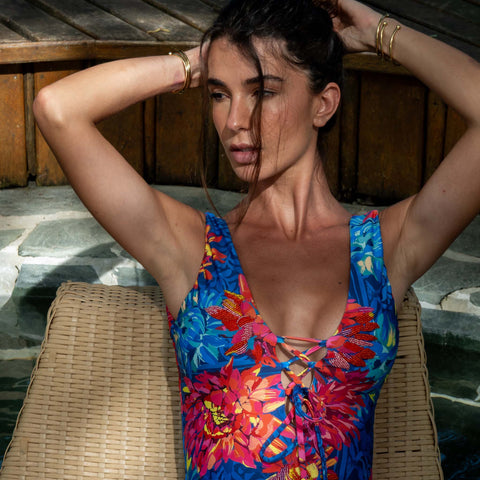 SUNSET FIESTA DAHLIA LACE UP OTS MODERATE ONE PIECE