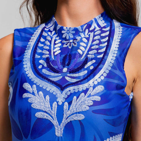 MEXICAN BLAZE IN BLUE HIGH NECK HALTER ONE PIECE LATIN FIT