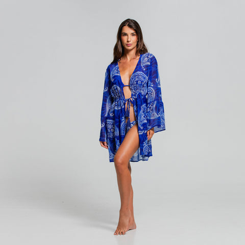 MEXICAN BLAZE IN BLUE BELL SLEEVE SHORT DRESS