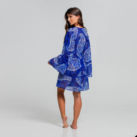 MEXICAN BLAZE IN BLUE BELL SLEEVE SHORT DRESS