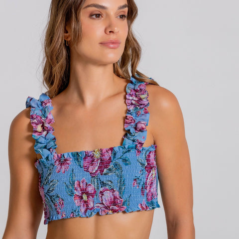 BLOOMBERRY LUXE SMOCKED BANDEAU TOP COVERUP