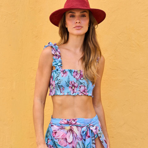 BLOOMBERRY LUXE SMOCKED BANDEAU TOP COVERUP