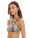 woman wearing a Cut Out Bra Top that Features Over the Shoulder straps for comfort and an adjustable tie back