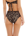 High Waist Bottom that features a beautiful nude/golden fabric topped with a soft layer of lace, lace-up adjustable side ties and moderate bottom coverage.