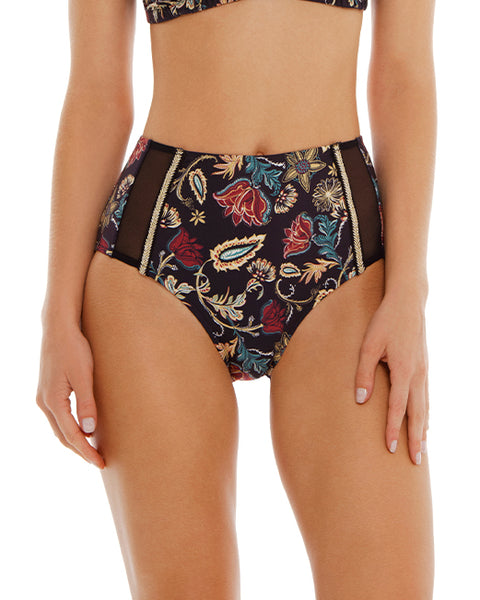 Black High Waist Bottom that  features mesh insets and gold threading detail.