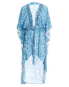 white and blue kimono with bell sleeves and decorative tassels on the sides
