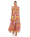 woman wearing colorfull over the shoulder maxi dress