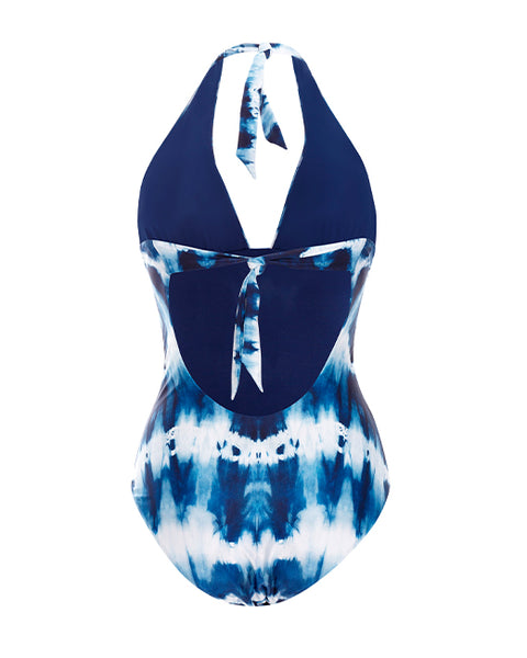 halter blue tie die one piece