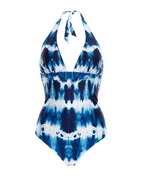 halter blue tie die one piece