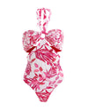 white and fucsia Bandeau One Piece that features a bandeau top with cutout. Hand beading accentuates the print.