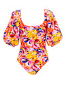  colorfull one piece with square neckline with statement making balloon sleeves.