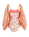 colorfull printed one piece swimsuit with bishop style sleeves and handmade beading at the neckline