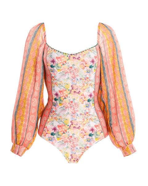 colorfull printed one piece swimsuit with bishop style sleeves and handmade beading at the neckline