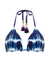 blue, tie dye triangle top whit handmade dip-dye tassels at the end of the neck ties. 