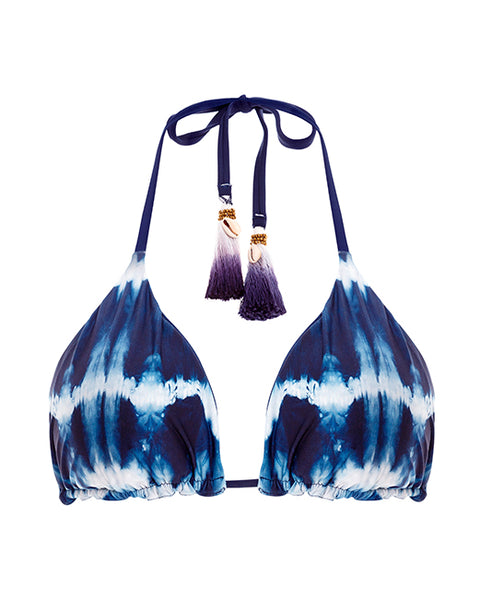blue, tie dye triangle top whit handmade dip-dye tassels at the end of the neck ties. 