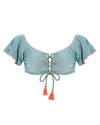  Off the Shoulder Bra Top that features short flowy sleeves and lace up front with handmade wrist rope and tassels