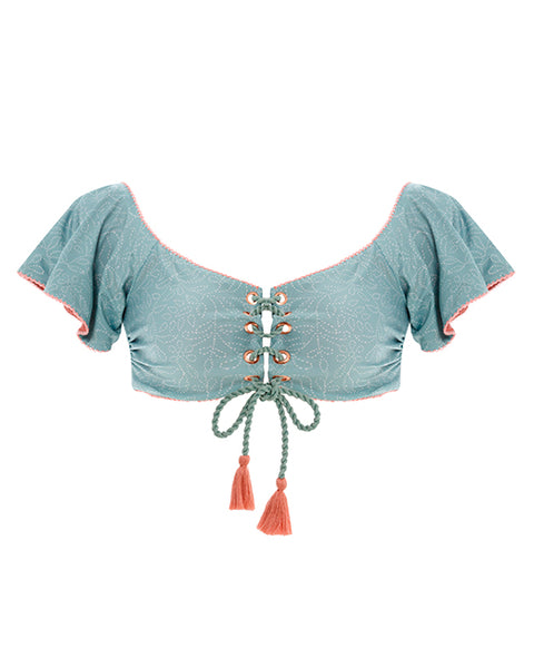  Off the Shoulder Bra Top that features short flowy sleeves and lace up front with handmade wrist rope and tassels
