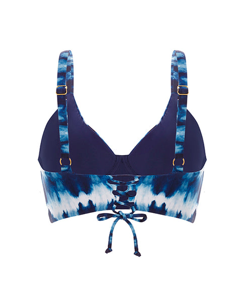 blue tie dye over the shoulder bralette