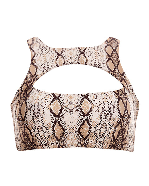 Snake patterned Cut Out Bra Top that Features Over the Shoulder straps for comfort and an adjustable tie back
