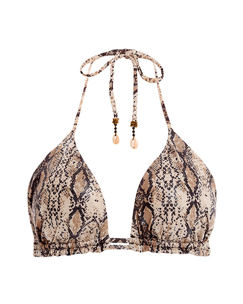 snake print Reversible Triangle Top that features ties on the top of neck and back for an adjustable fit. Handmade shell trim is at the end of the neck ties