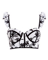 Woman wearing Black and white Underwire Bandeau Bra Top thath features removable ruffle straps and a back tie for adjustability