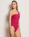woman wearing fucsia One Shoulder One Piece