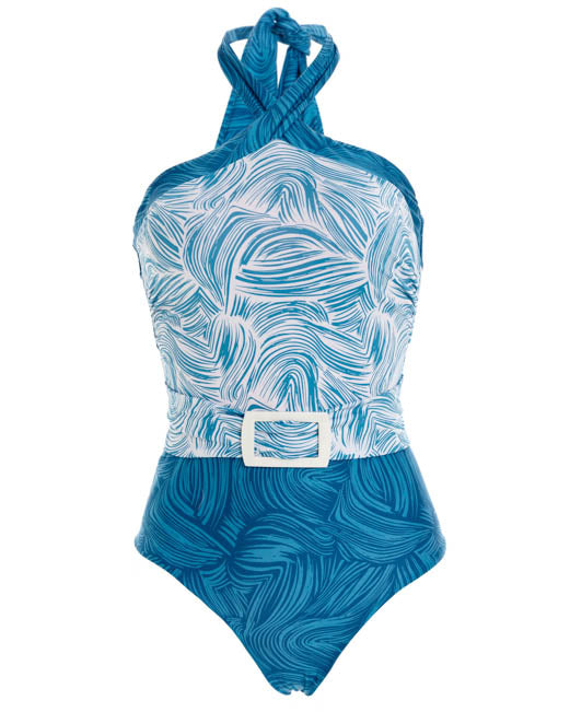  blue One-Piece Swimsuit that features an adjustable crossover high neck design.