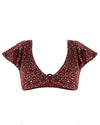  red animal print top that features ruffle sleeves, o-ring trim and removable cups. 