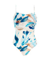white one-piece swimsuit with blue leaves prints 